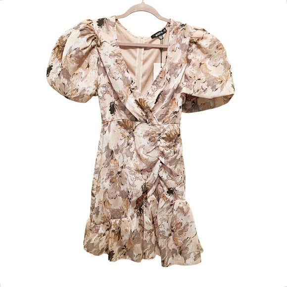 MISSGUIDED NWT Pink Floral Puff Sleeve Frill Mini Dress Size 0 - Picture 14 of 14